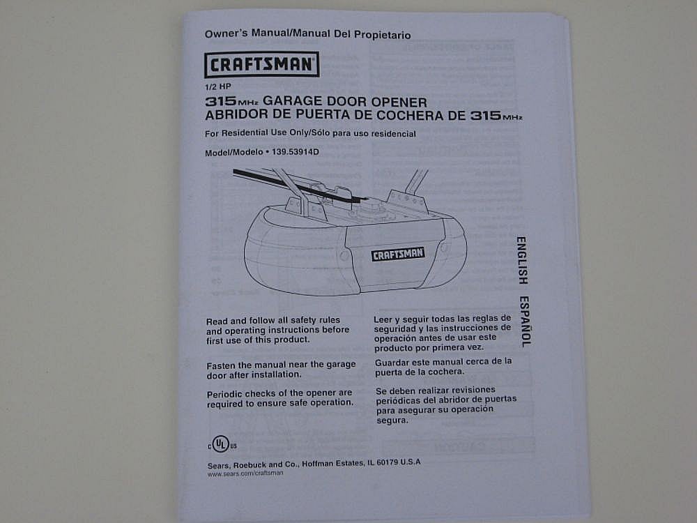 Craftsman Garage Door Opener 41A5021-3H-315 Manual