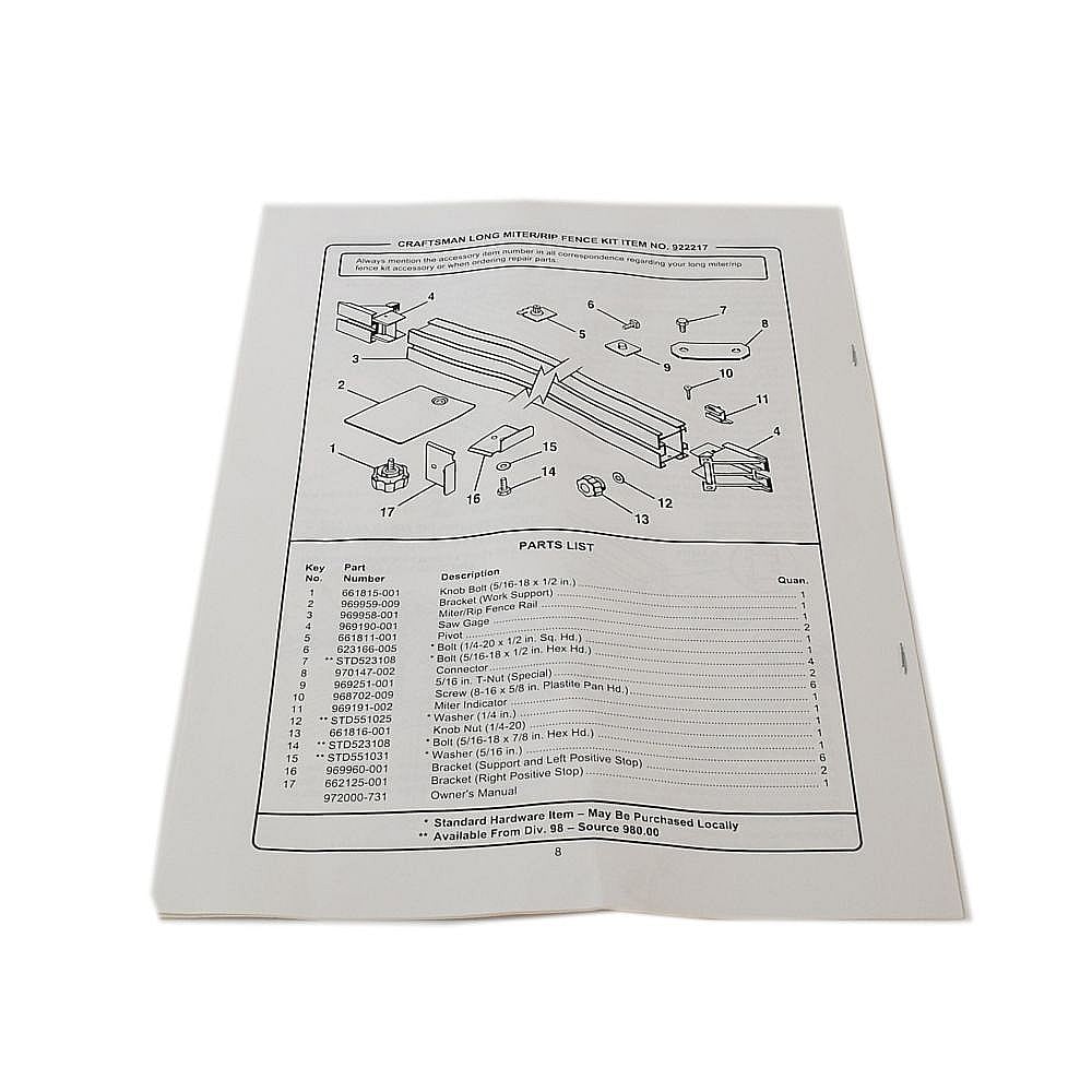 Table Saw Rip Fence Kit Owner's Manual 972000-731