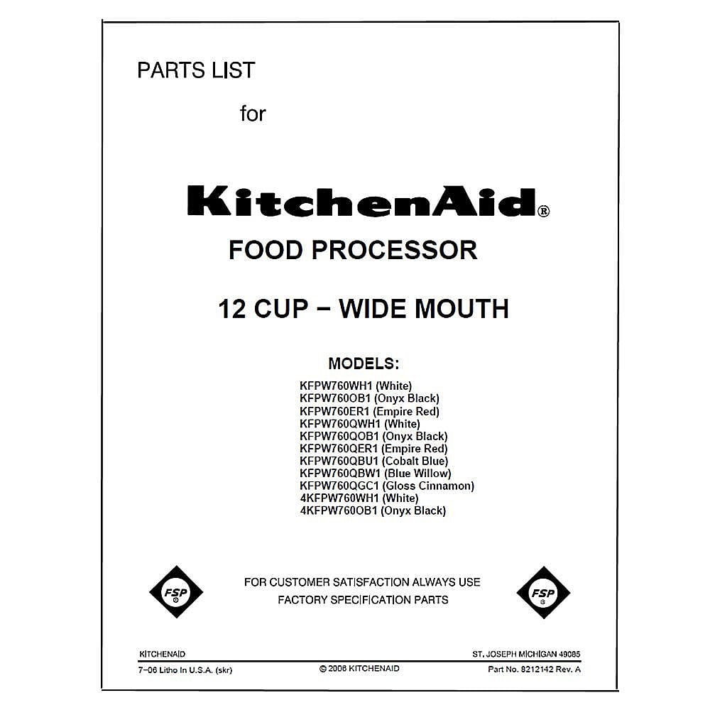 Part #8212142, Parts List