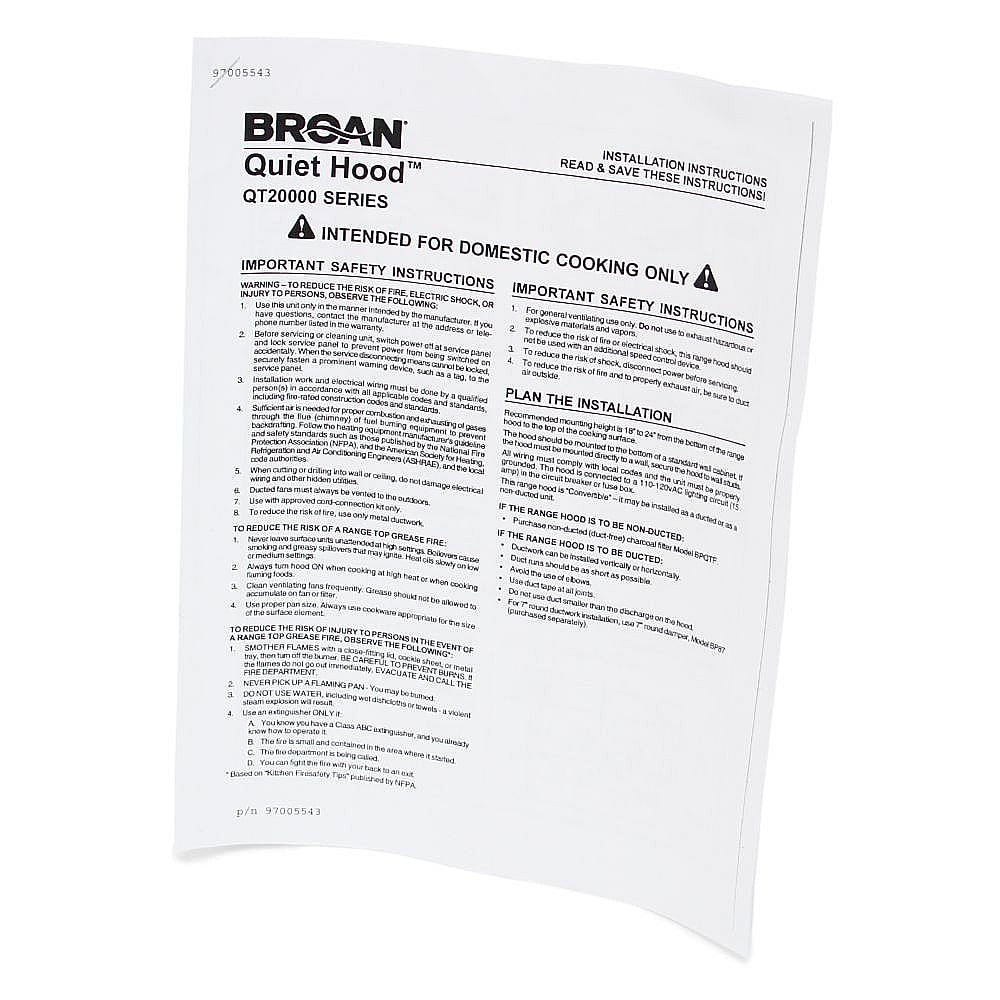 Broan Part #97005543, Range Hood Installation Kit