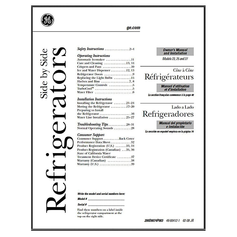 Part #49-60412, Refrigerator Owners Manual