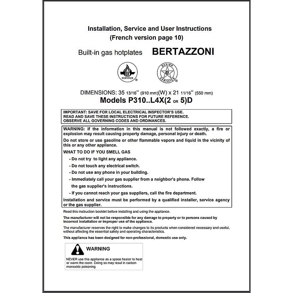 Part #310252, Bertazzoni User Manual