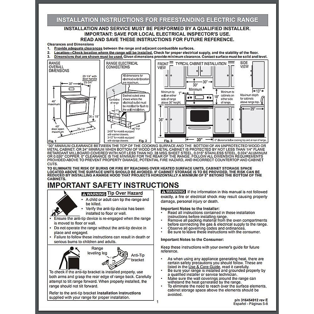 Part #316454912, Electrolux Range Installation Manual / 15.00 x 11.00 x 0.00