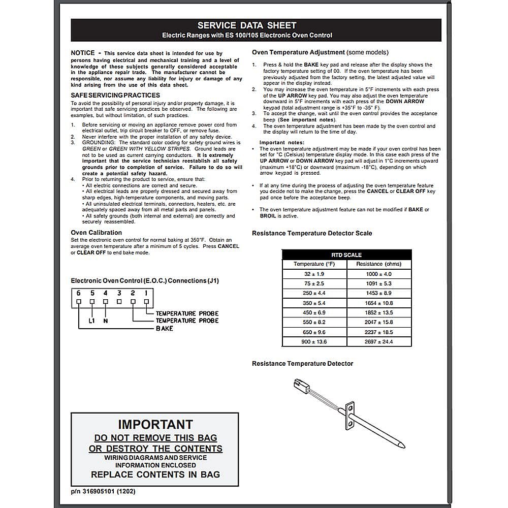 Part #316905101, Range Technical Data Sheet / 15.00 x 11.00 x 0.00