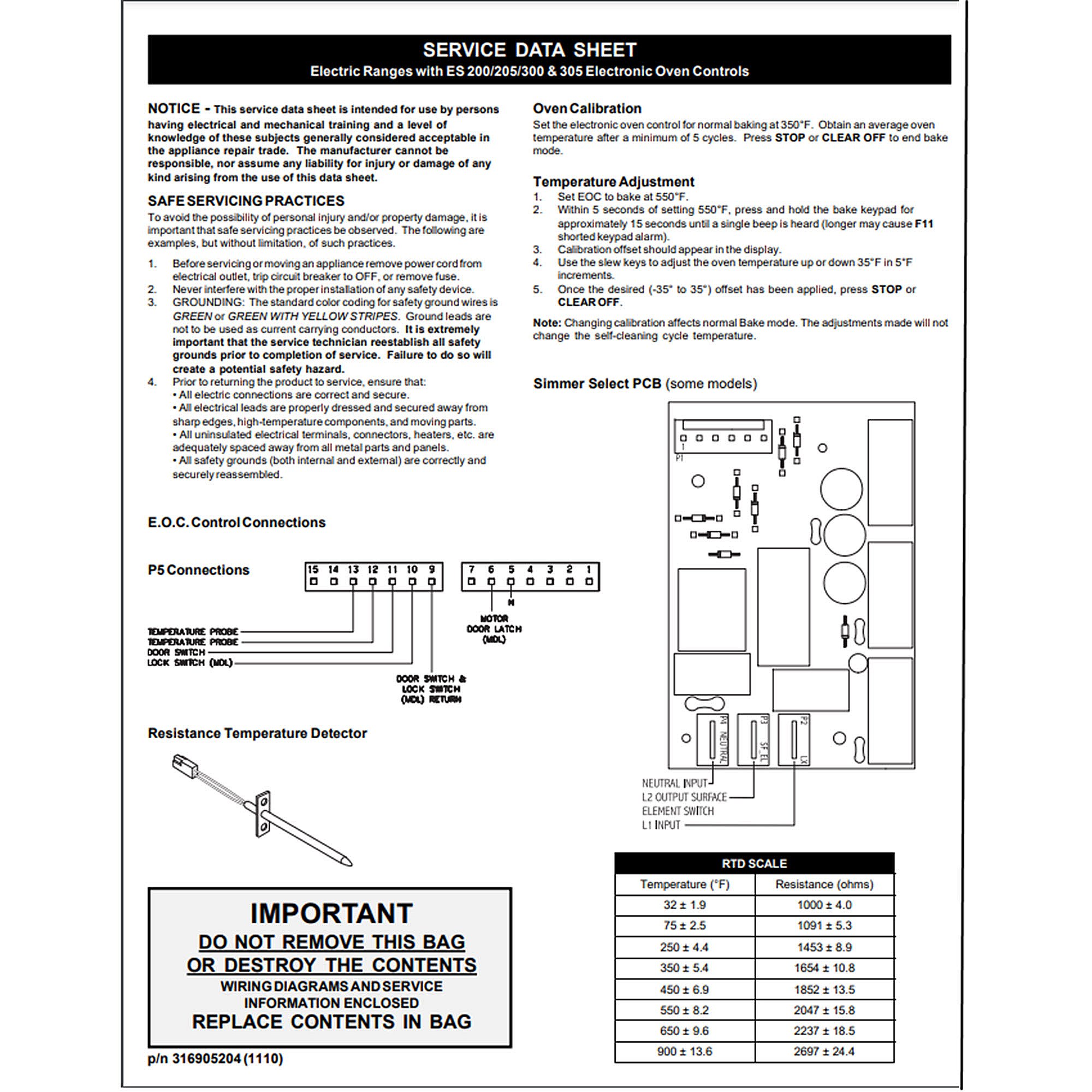 Part #316905204, Range Technical Data Sheet