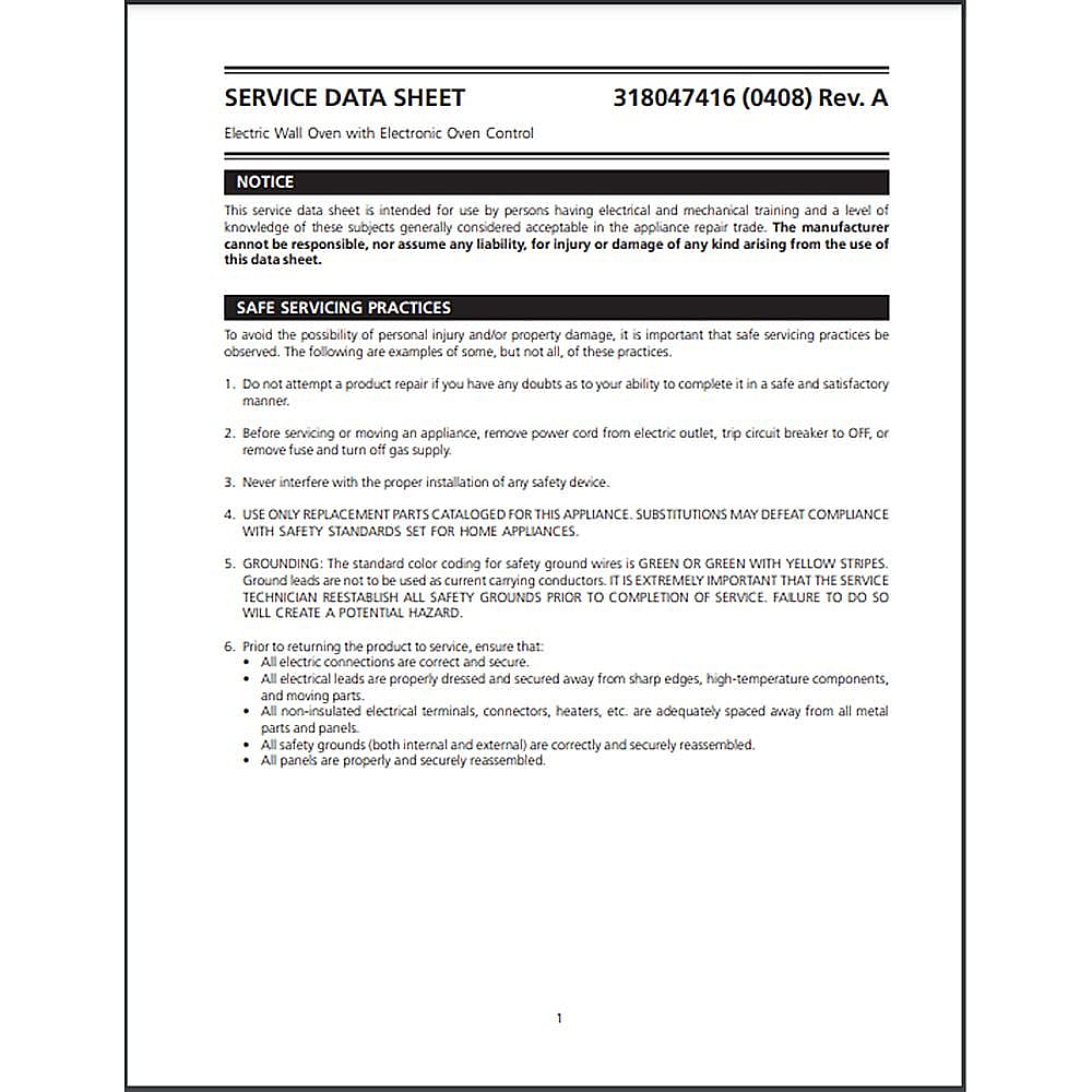 Part #318047416, Service Data Sheet / 15.00 x 11.00 x 0.00