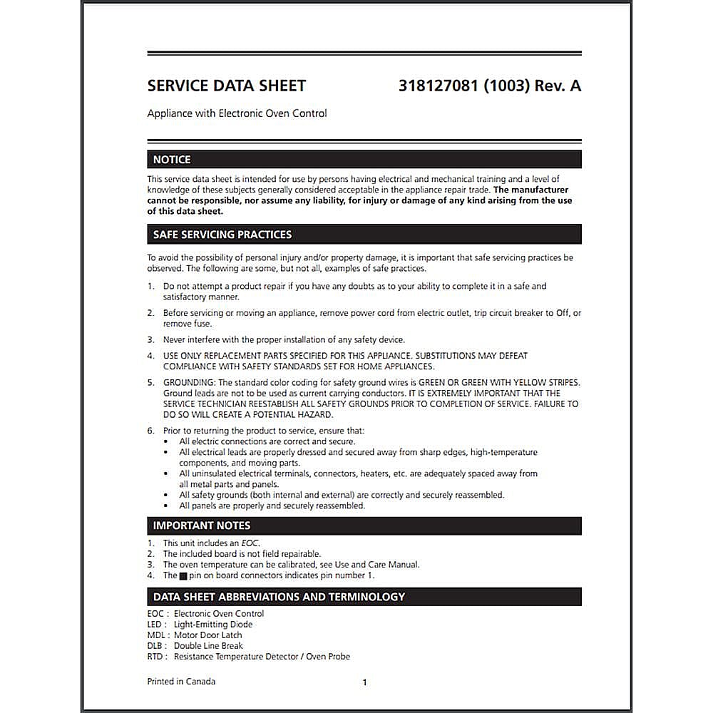 Part #318127081, Range Technical Data Sheet / 15.00 x 11.00 x 0.00
