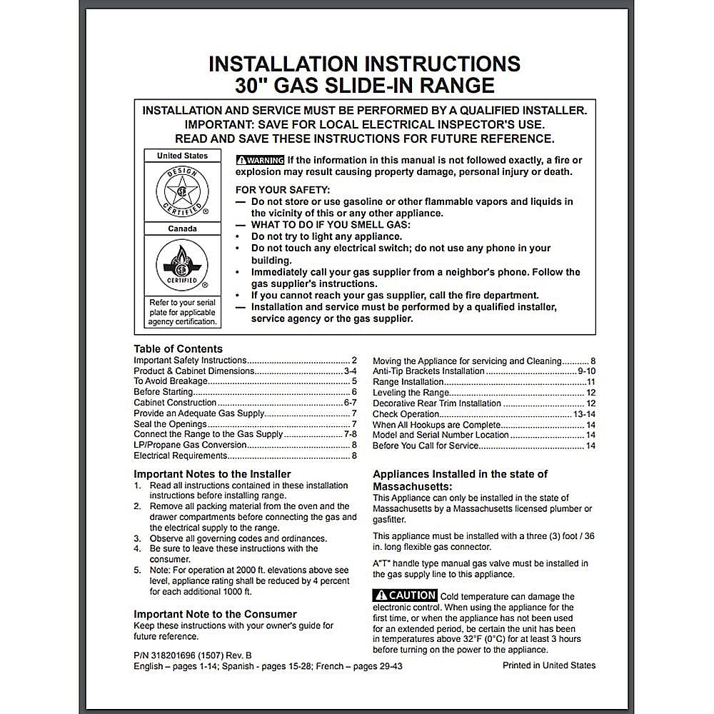 Part #318201696, Range Instructions / 15.00 x 11.00 x 0.00