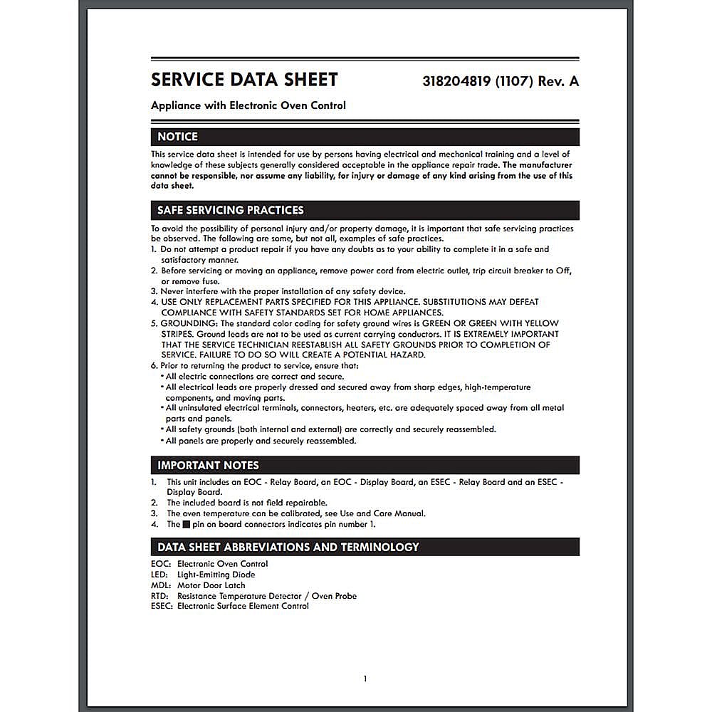 Part #318204819, Service Data Sheet / 15.00 x 11.00 x 0.00