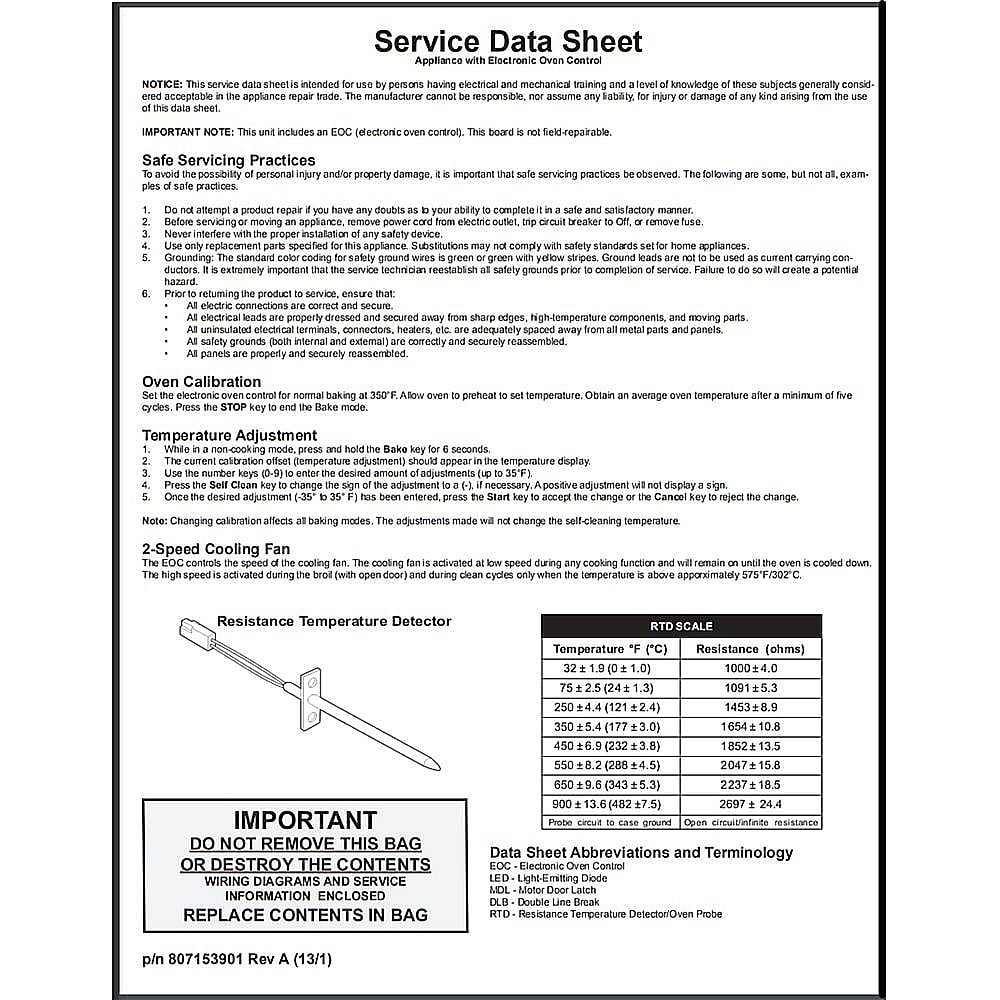 Part #807153901, Service Data Sheet