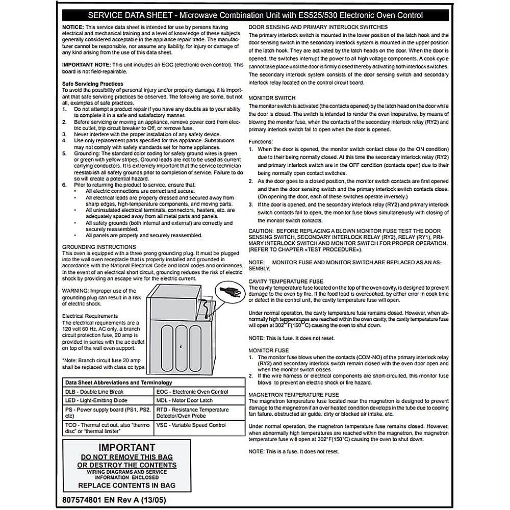 Part #807574801, Service Data Sheet