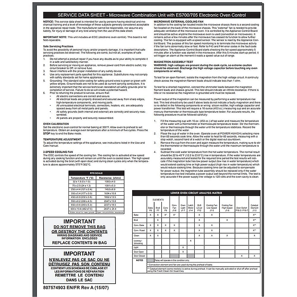 Part #807574903, Service Data Sheet
