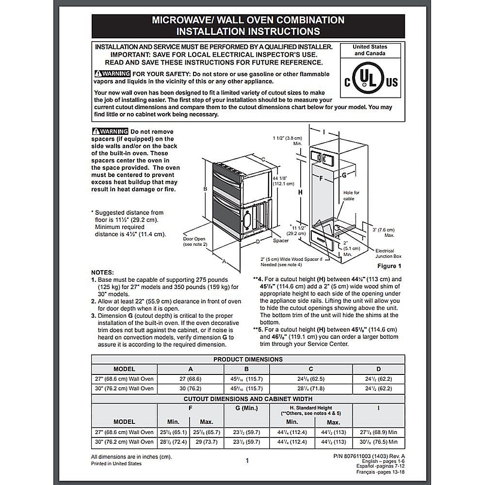 Part #807611003, Microwave Installation Manual / 15.00 x 11.00 x 0.00