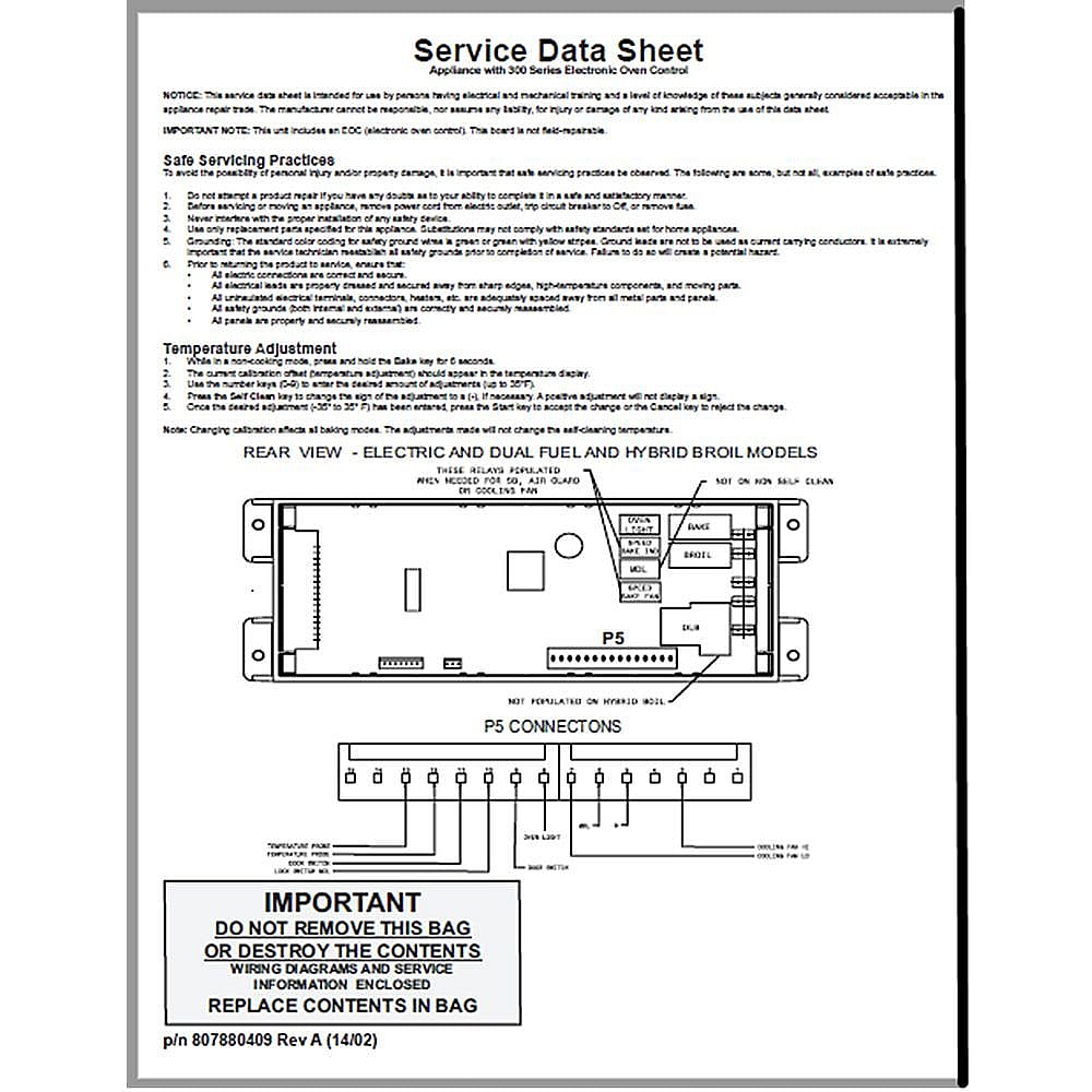 Part #807880409, Service Data Sheet / 15.00 x 11.00 x 0.00