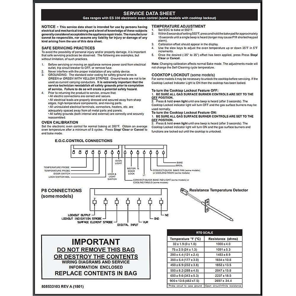 Part #808533103, Service Data Sheet