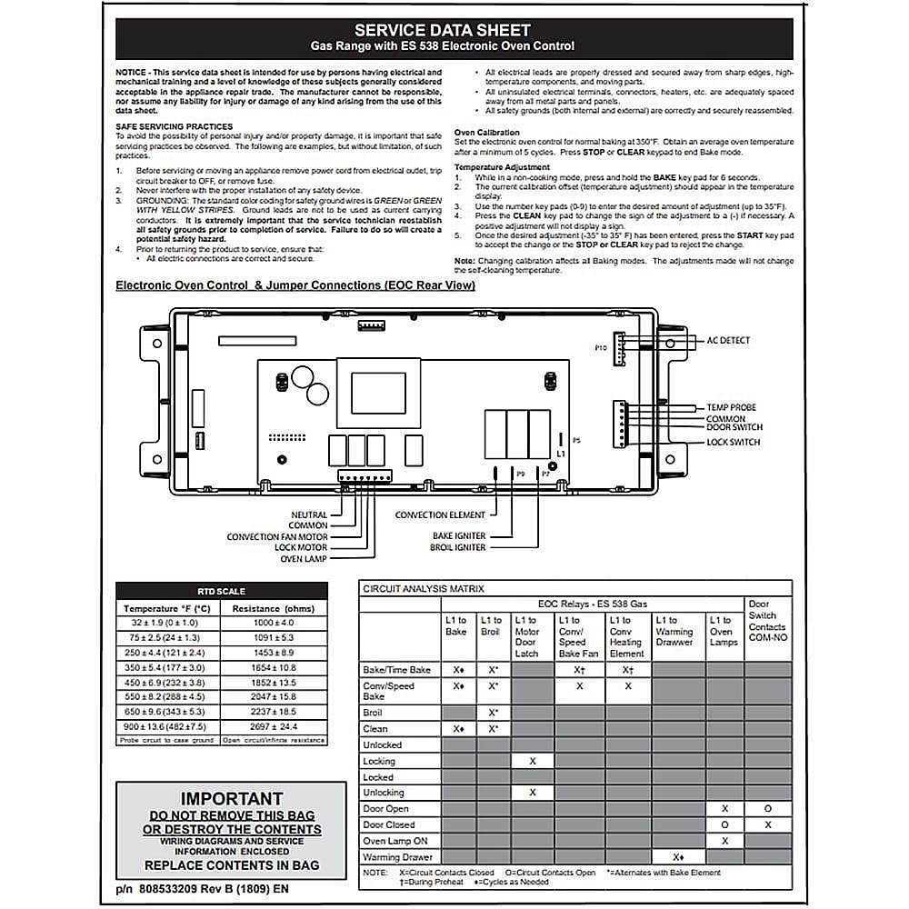 Part #808533209, Service Data Sheet, w/wiring Diagrm