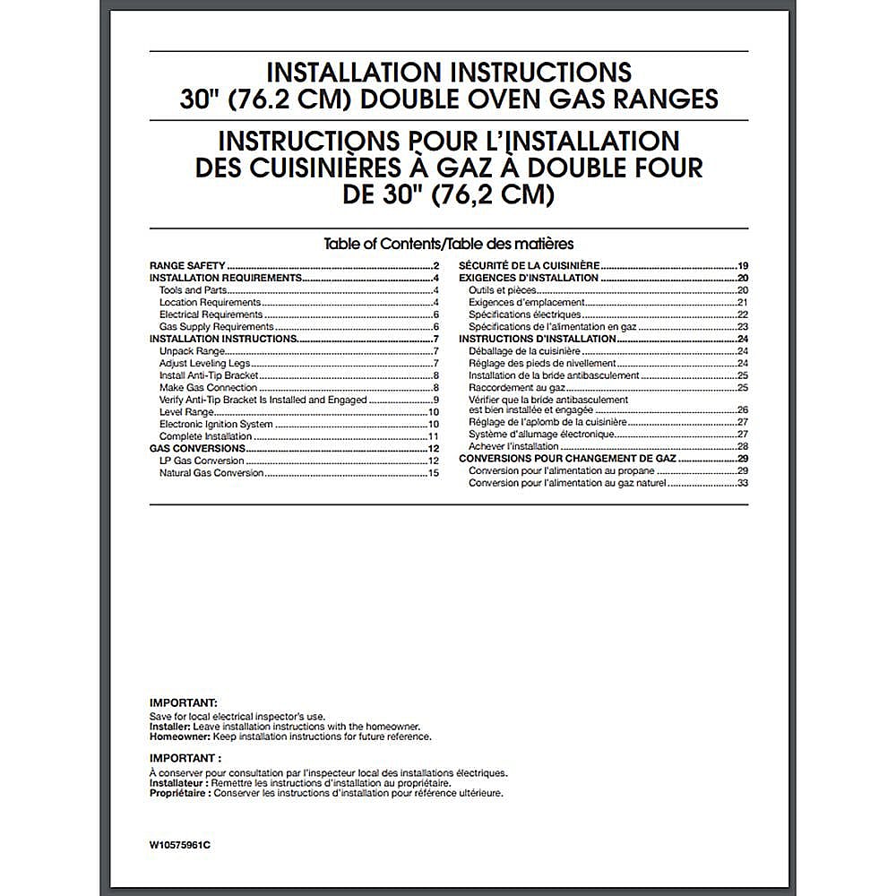 Part #w10575961, Installation Instructions