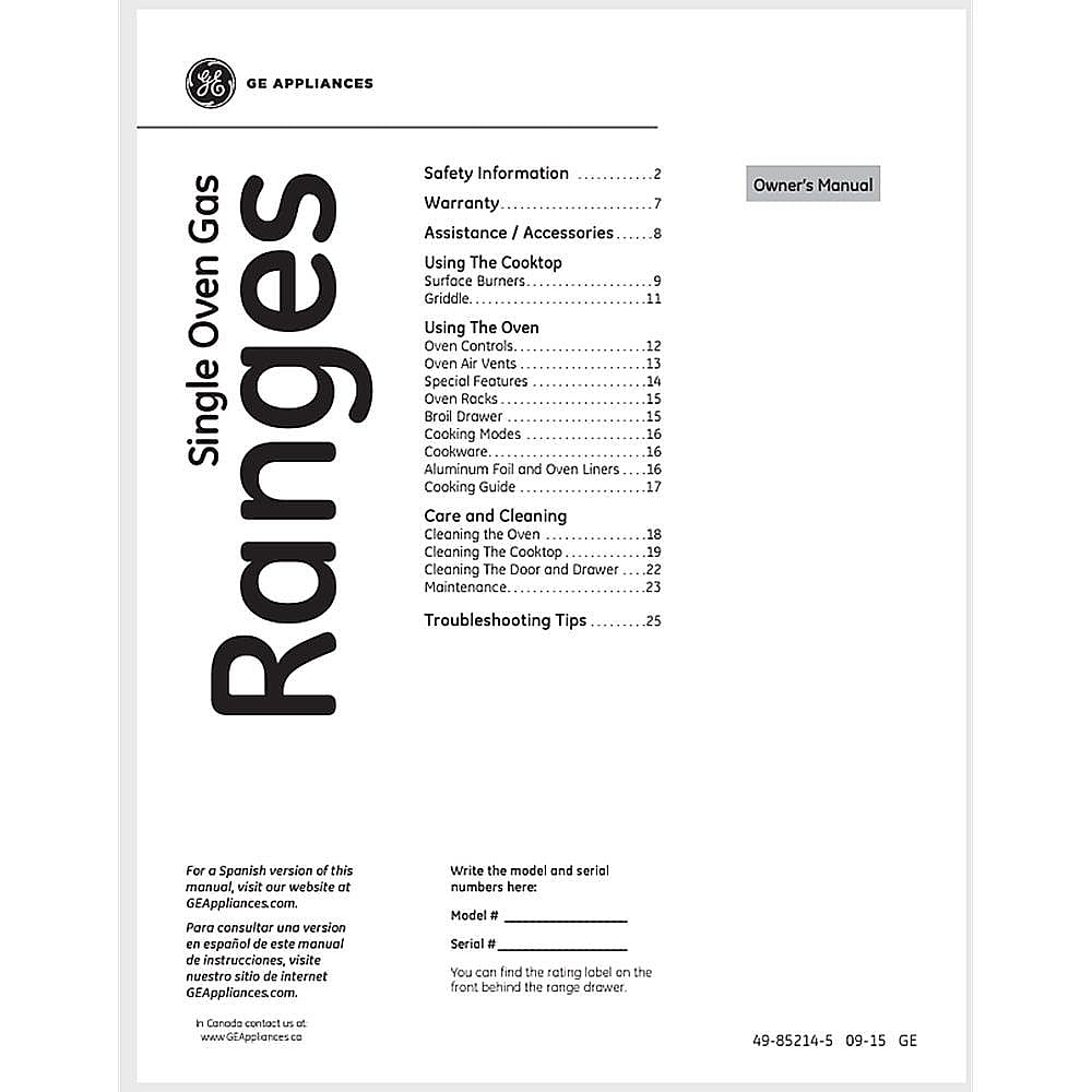Part #49-85214-5, Range Owners Manual