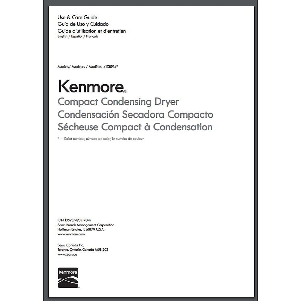 Part #136937493, Kenmore Owners Manual / 11.00 x 8.50 x 0.25