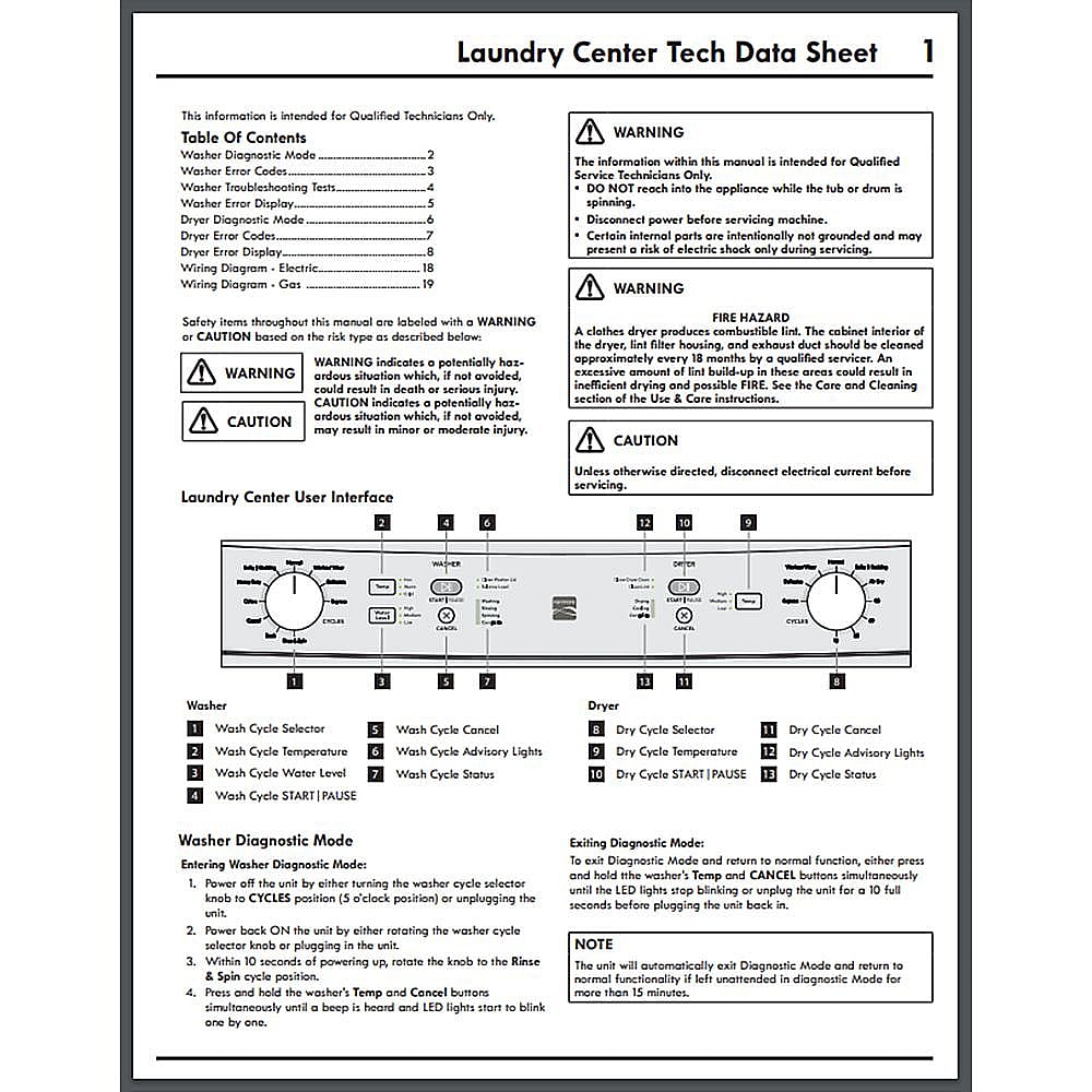 Kenmore Part #5304517474, Tech Data Sheet, w/wiring Diagrm | 11.00 x 8.50 x 0.25