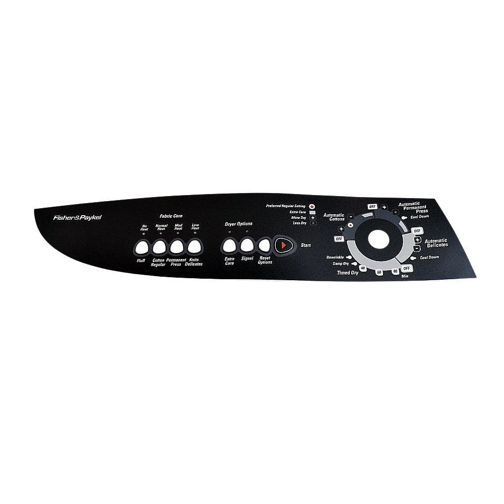 Part #we19M1614, Fisher & Paykel Dryer Control Overlay (Black) / 13.06 x 6.18 x 2.50
