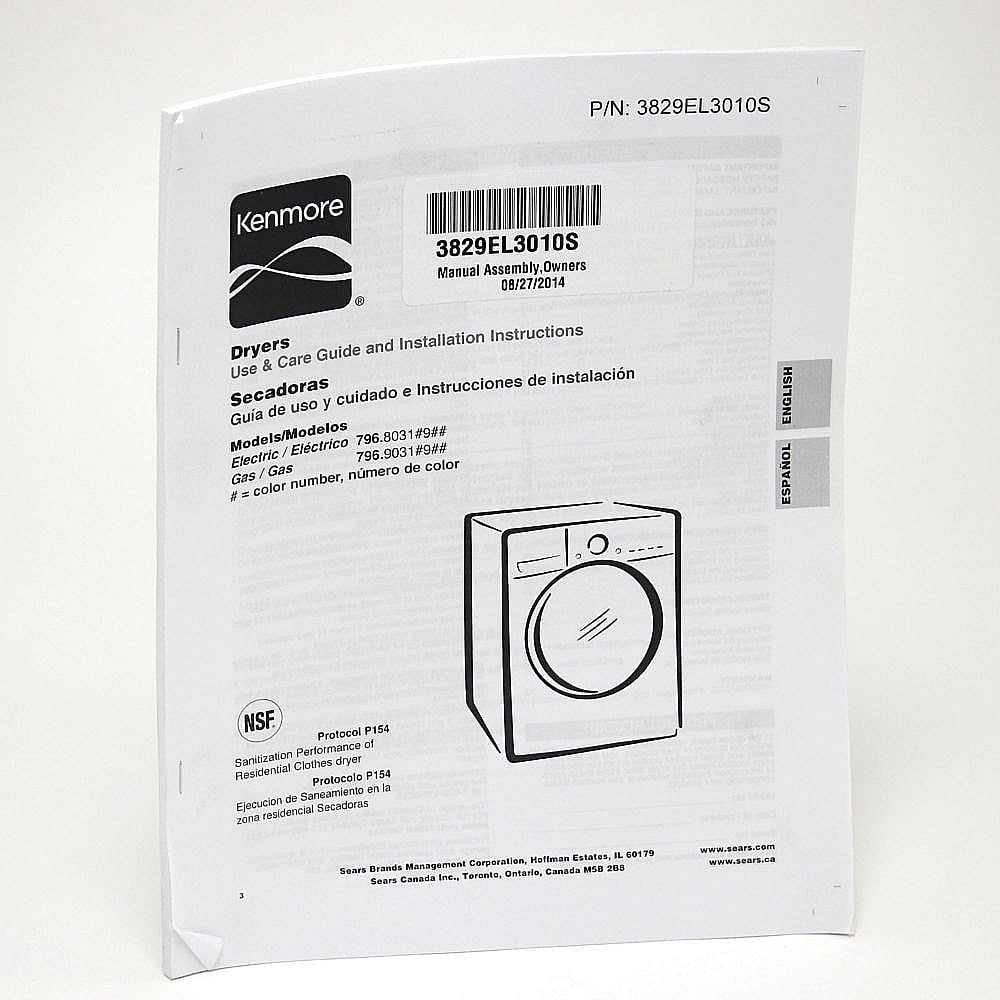 Part #3829El3010S, Dryer Owners Manual