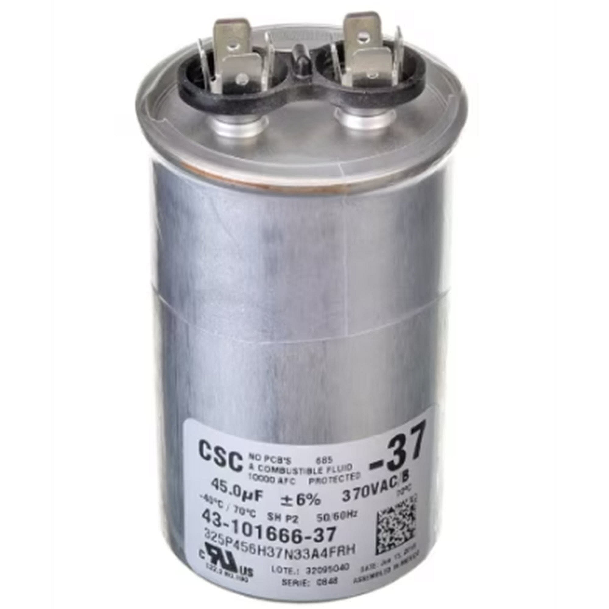 Part #43-101666-37, Rheem 45Mfd 370V Round Run Capacitor