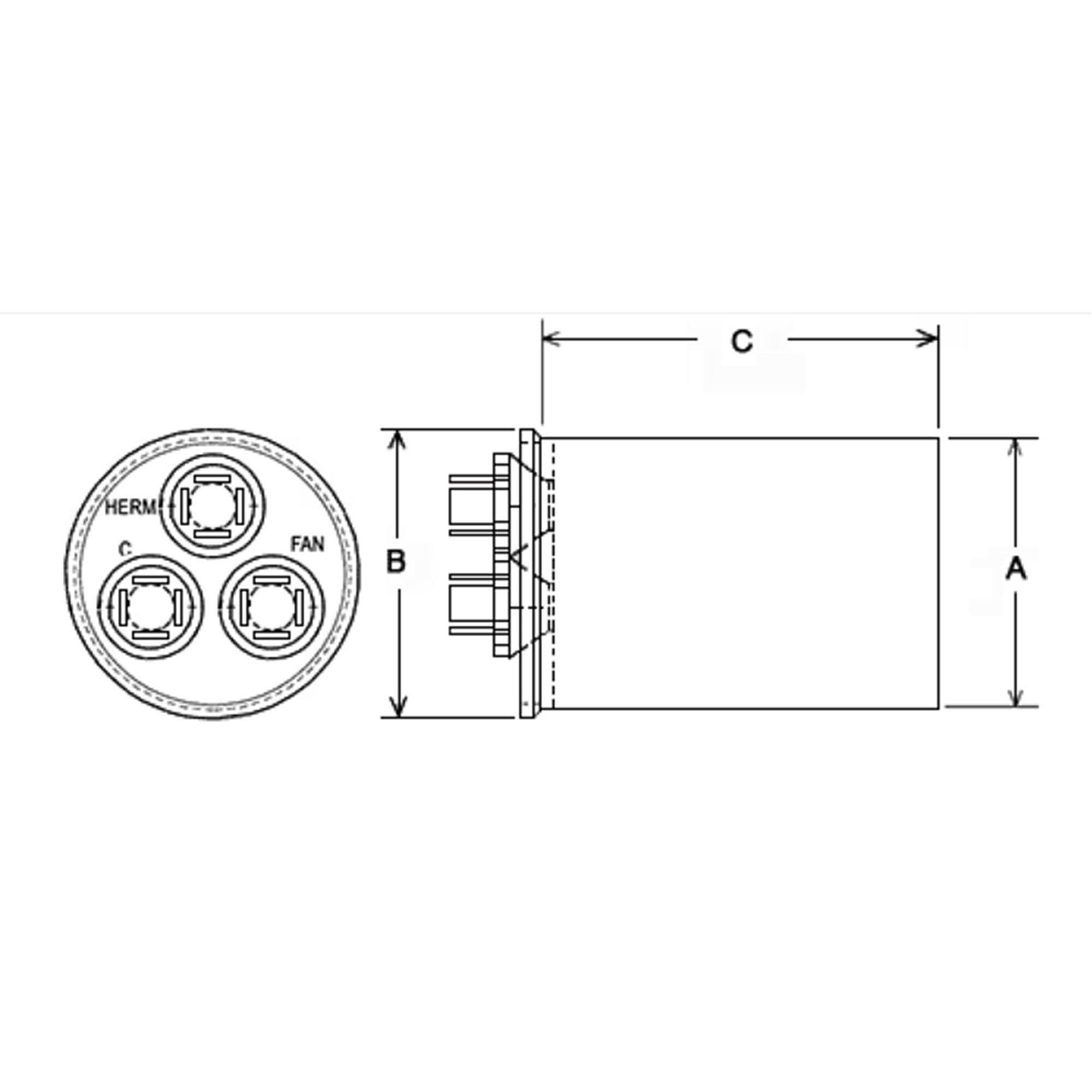 Part #43-25133-11, Rheem 35/3Mfd 440V Rnd Run Capacitor