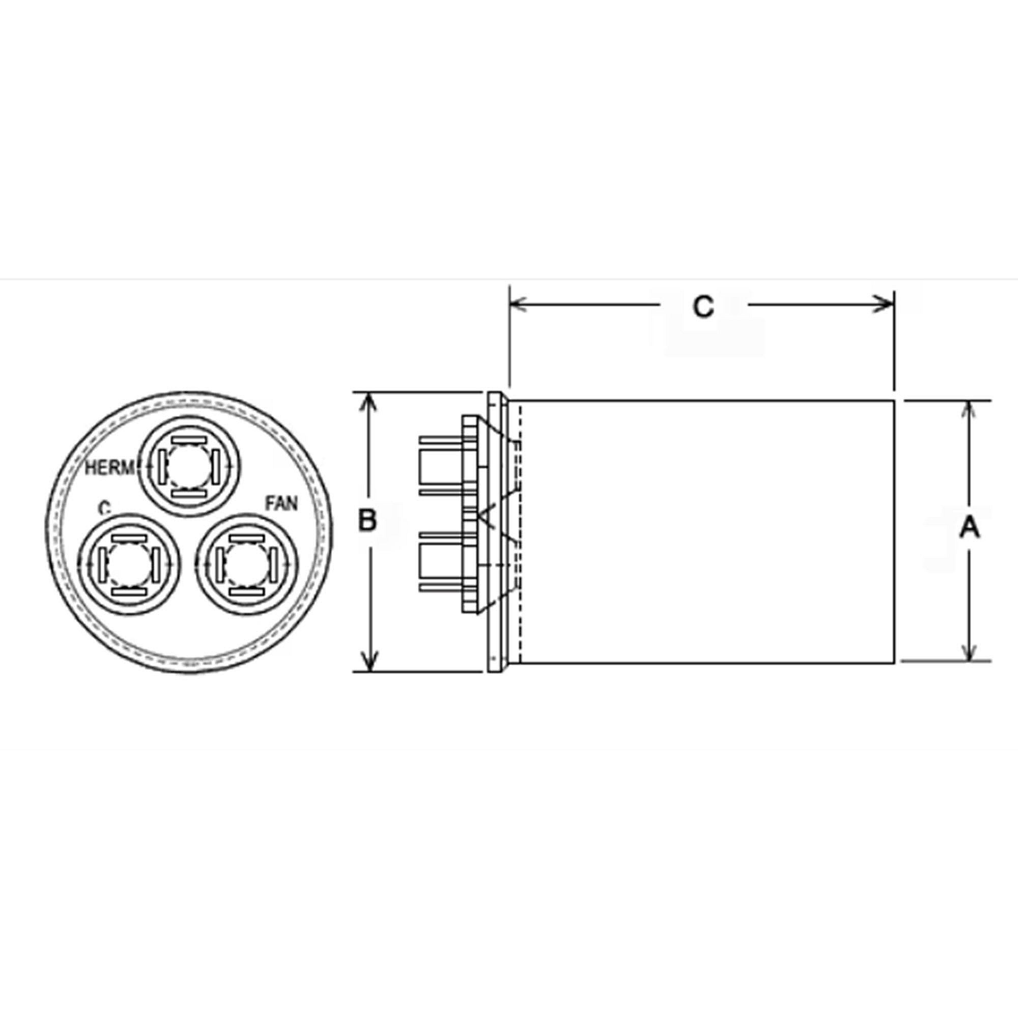 Part #43-25133-22, Rheem 40/5Mfd 370V Rnd Run Capacitor