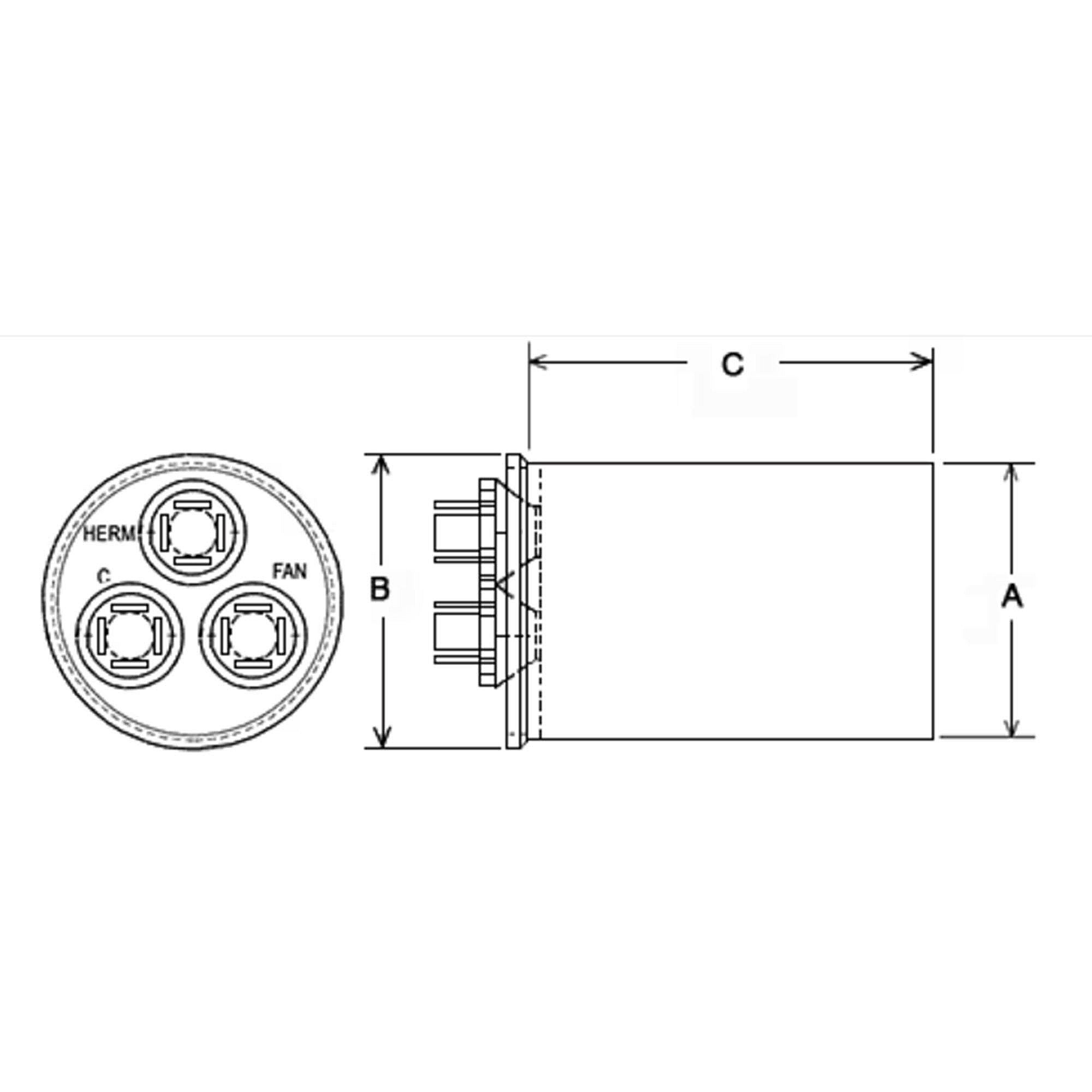 Part #43-25133-35, Rheem 35/5Mfd 370V Rnd Run Capacitor