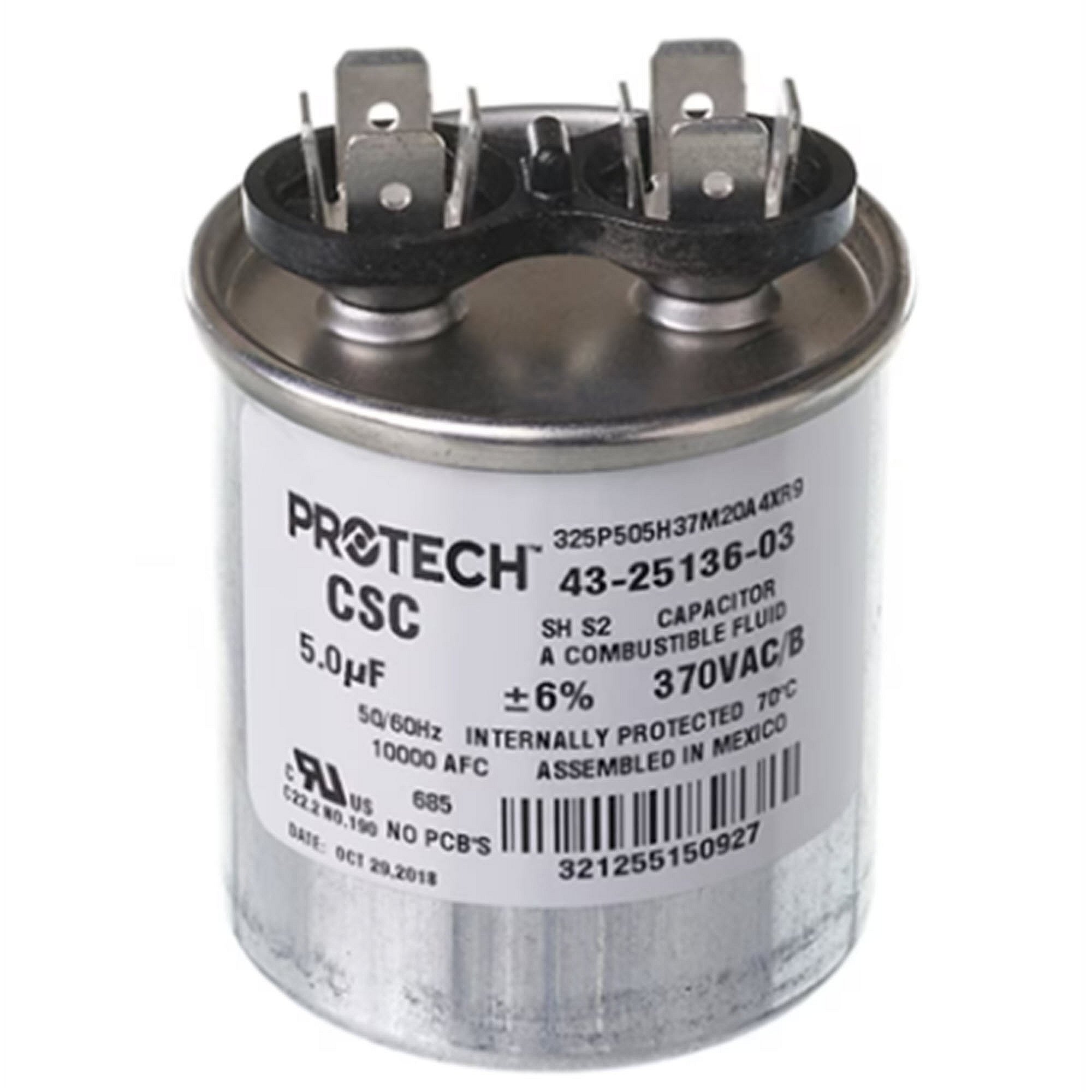 Part #43-25136-03, Rheem 5Mfd 370V Round Capacitor
