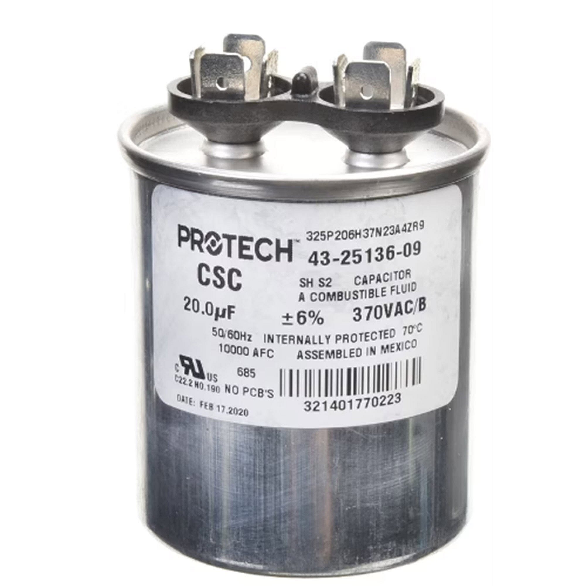 Part #43-25136-09, Rheem 20Mfd 370V Round Run Capacitor
