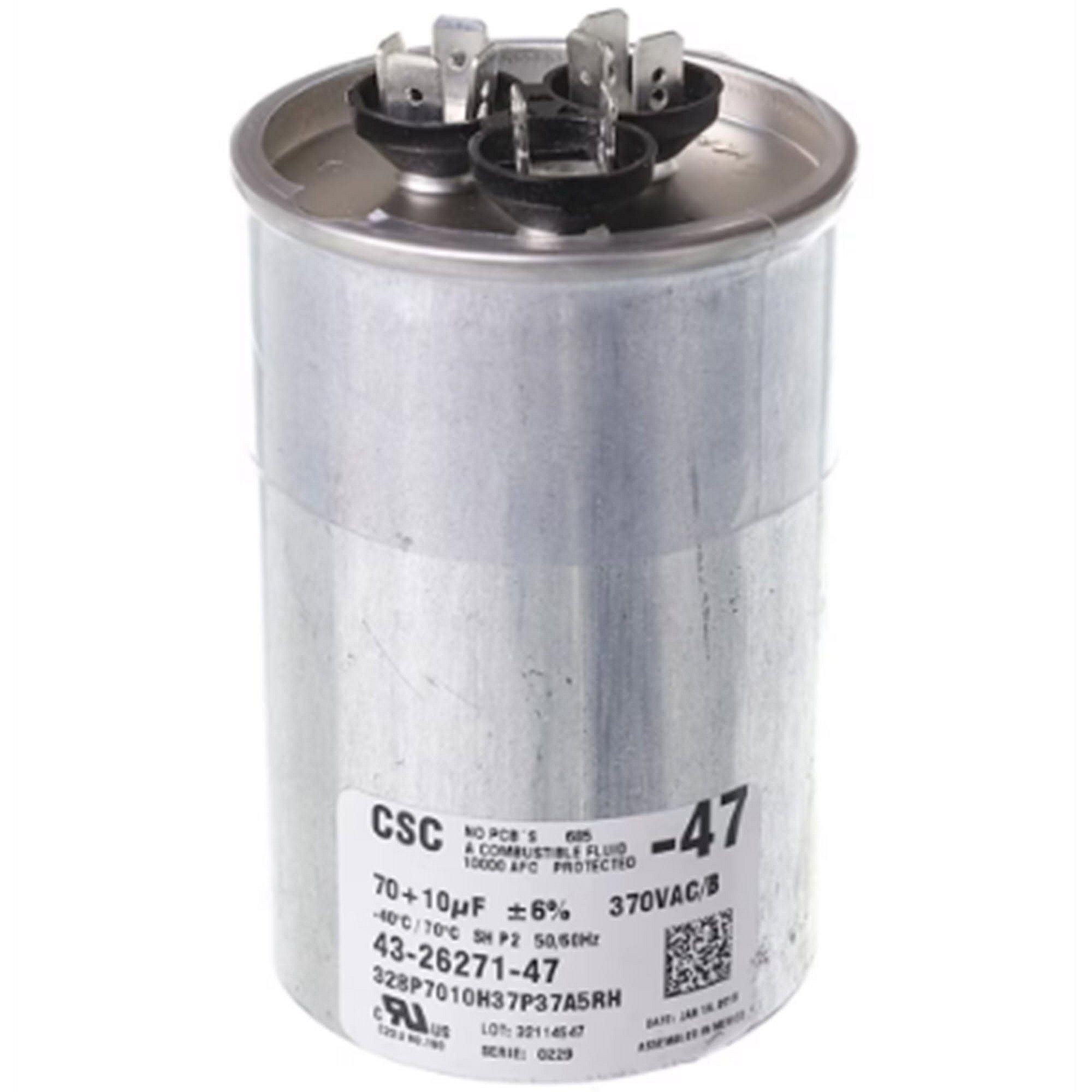 Part #43-26271-47, Rheem 70/10Mfd 370V Dual Round Cap