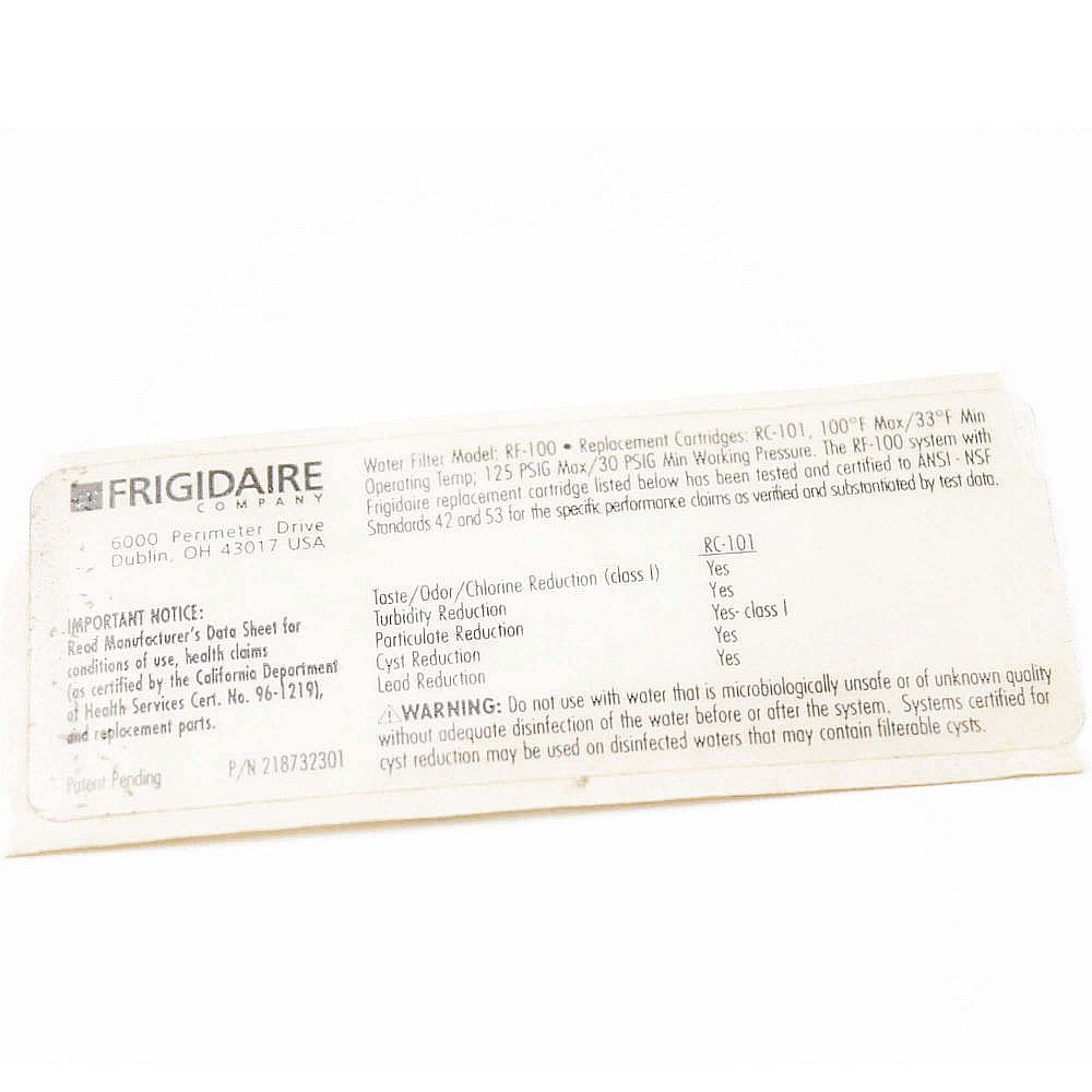 Gibson Part #218732301, Refrigerator Water Filter Label | 13.00 x 3.25 x 0.20