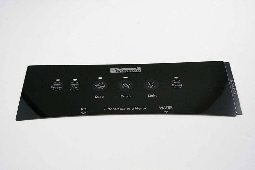 Part #240418328, Refrigerator Dispenser Control Overlay (Black) / 9.65 x 3.45 x 0.30