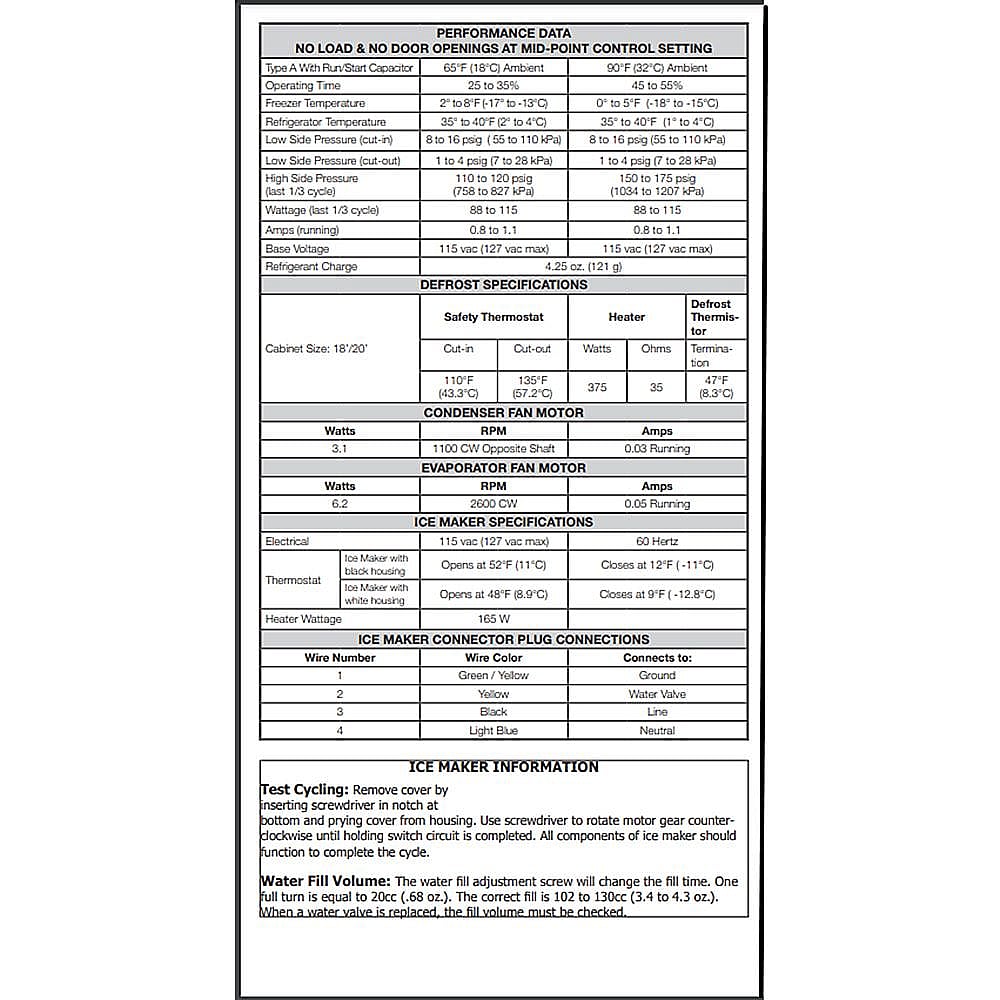 Part #5304498434, Refrigerator Service Data Sheet / 15.00 x 11.00 x 0.00