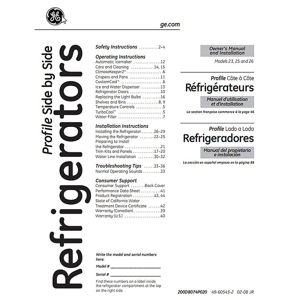 Part #46-60543, Refrigerator Owners Manual