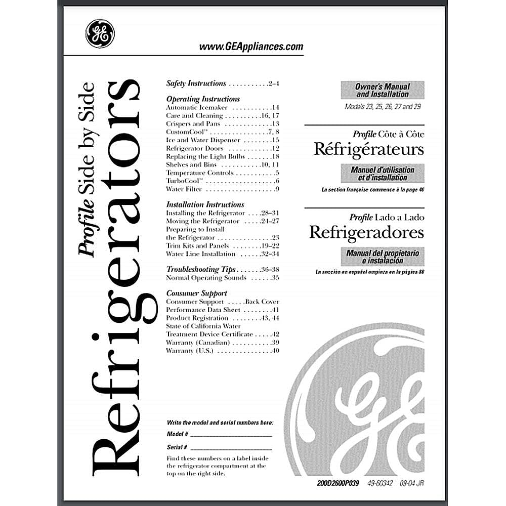 Part #49-60132, Refrigerator Owners Guide