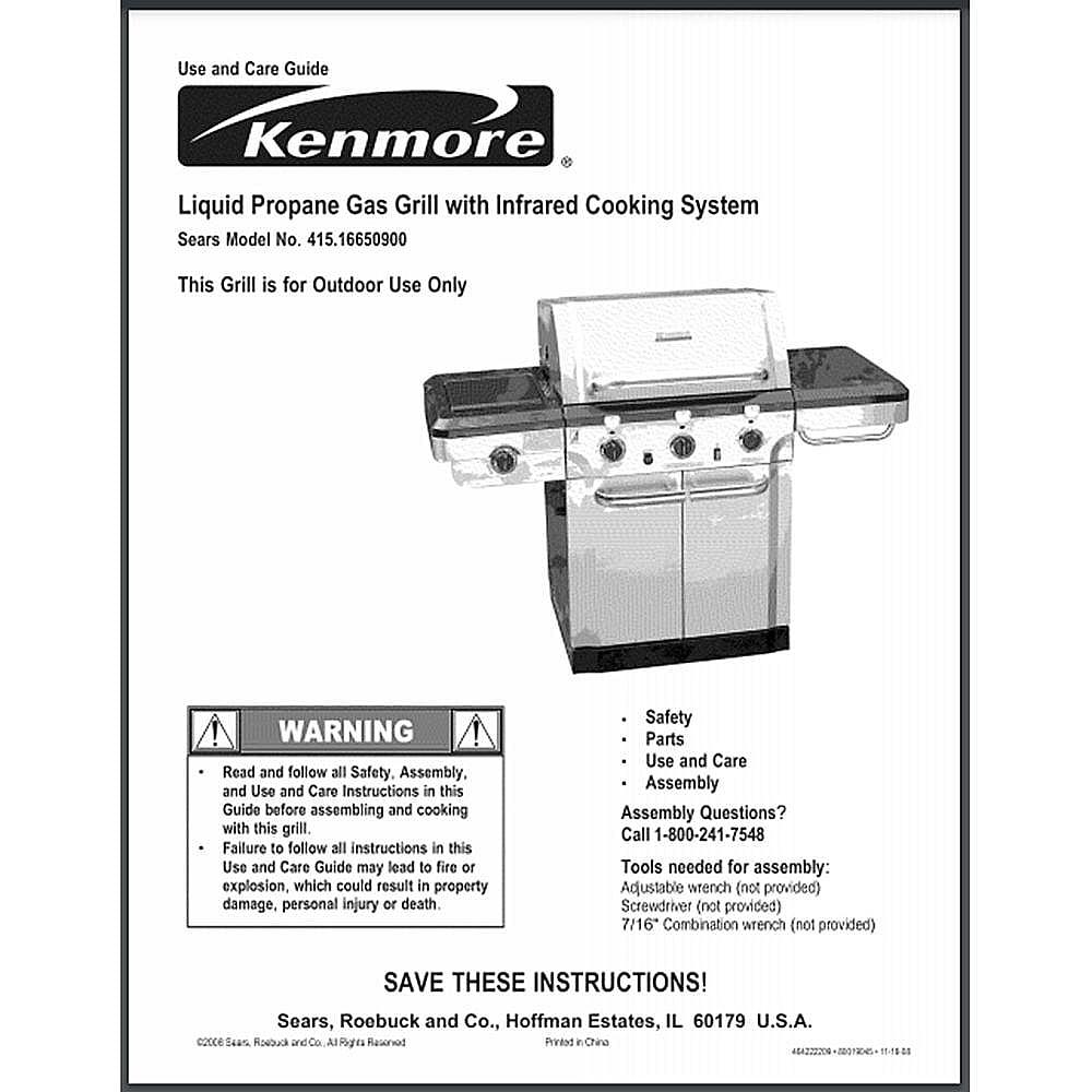Part #80019045, Kenmore Gas Grill Owners Manual