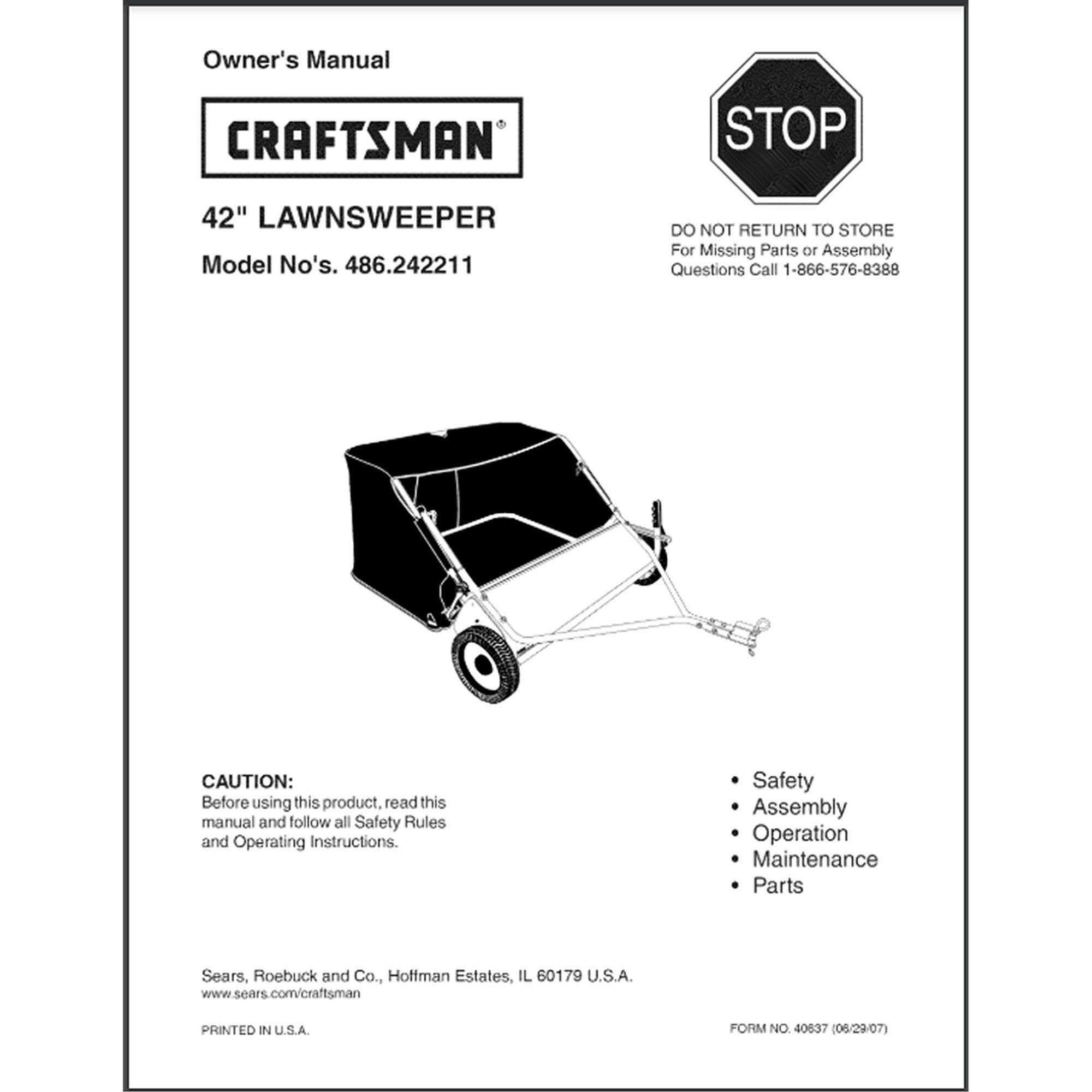 Part #40637, Craftsman Lawn Tractor Sweeper Attachment Owners Manual