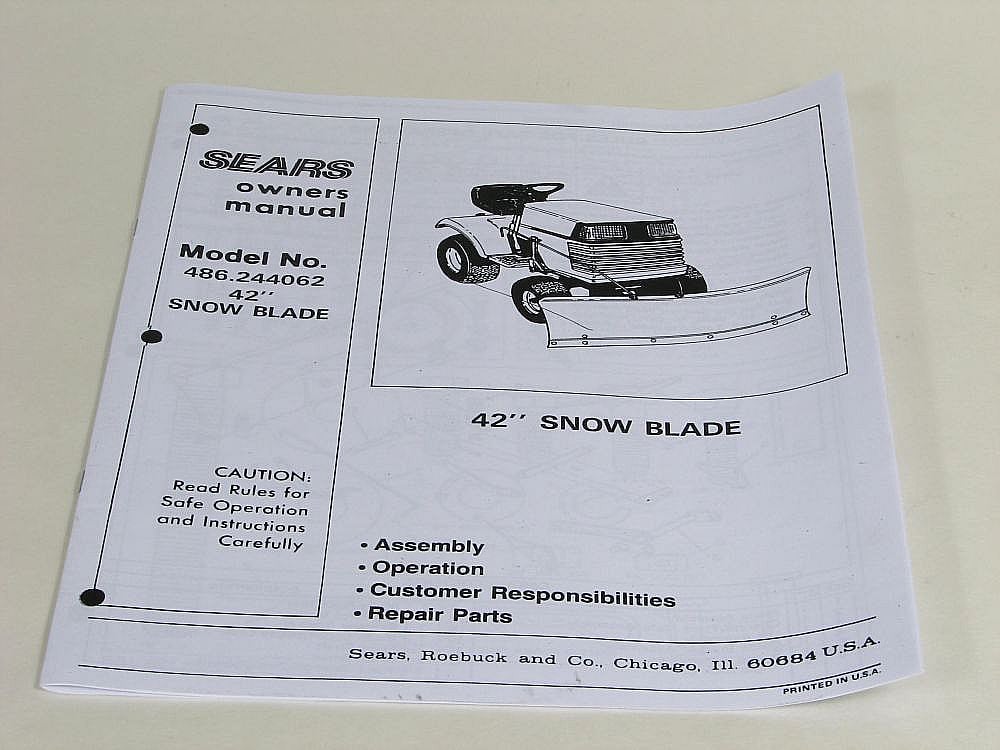 Part #45134, Craftsman Lawn Tractor Snow Blade Attachment Owners Manual
