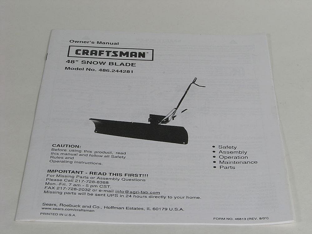 Part #46813, Craftsman Lawn Tractor Snow Blade Attachment Owners Manual (Replaces 46227)