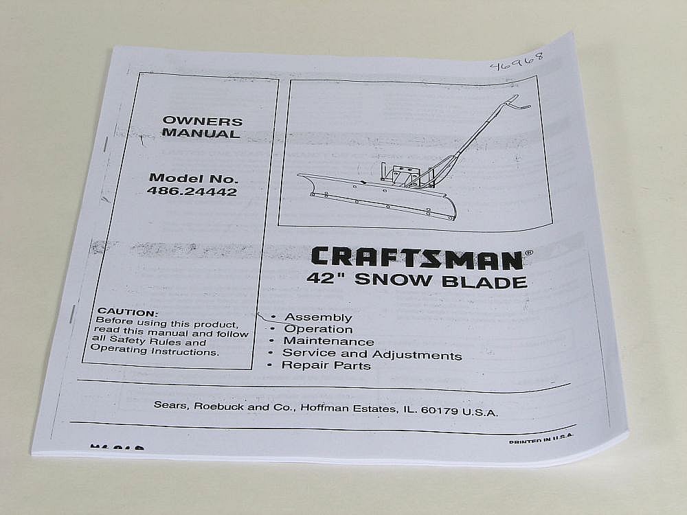 Part #46968, Craftsman Lawn Tractor Snow Blade Attachment Owners Manual