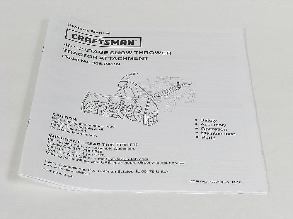 Part #47721, Craftsman Lawn Tractor Snowblower Attachment Owners Manual