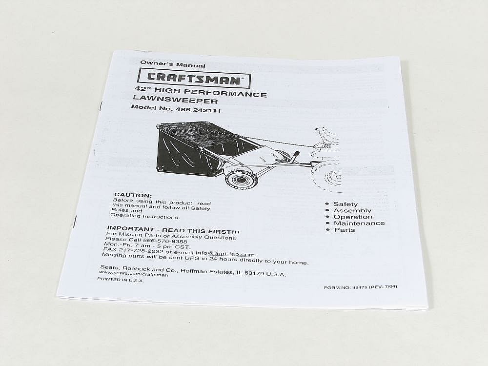 Part #48475, Craftsman Lawn Tractor Lawn Sweeper Attachment Owners Manual
