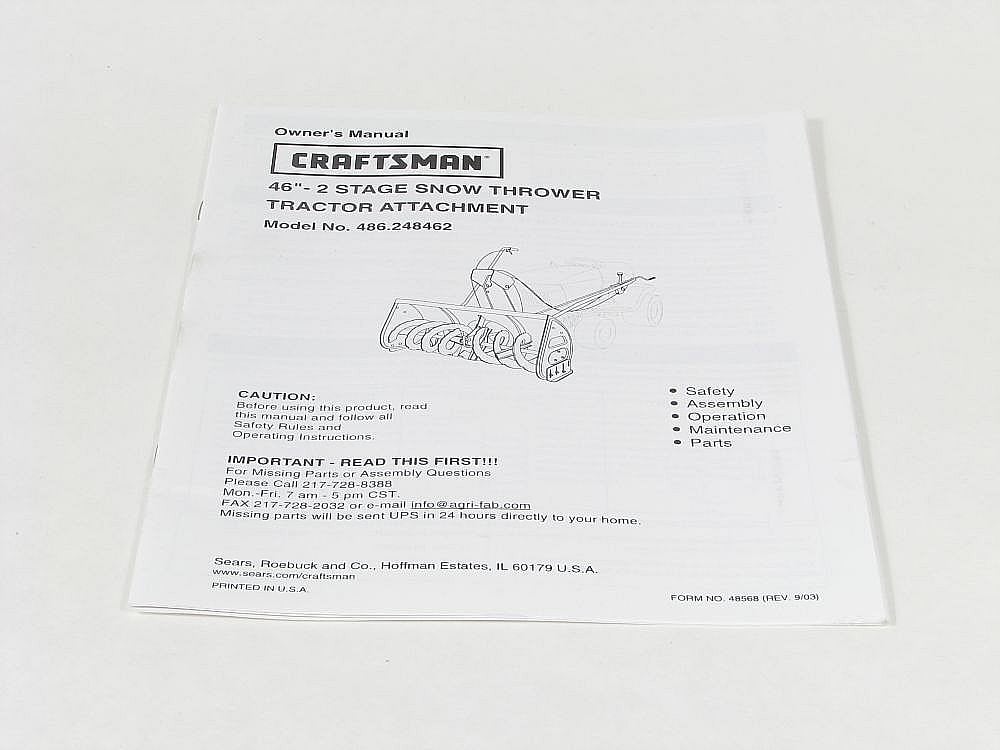 Part #48568, Craftsman Snowblower Owners Manual