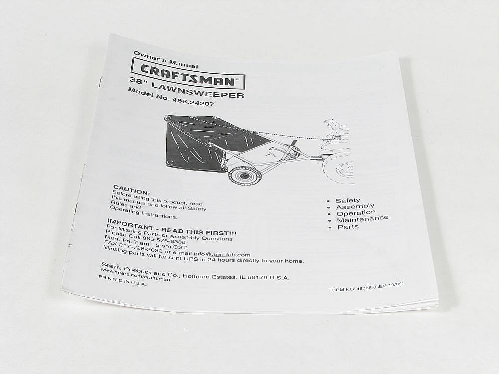 Part #48785, Craftsman Lawn Tractor Lawn Sweeper Attachment Owners Manual