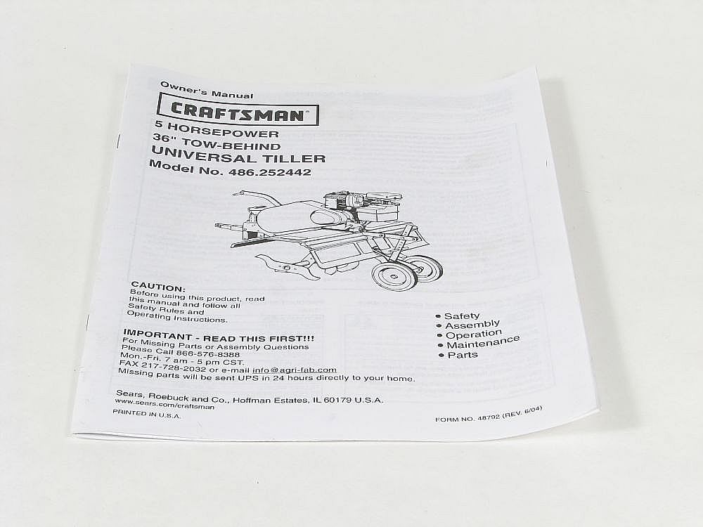 Part #48792, Tiller Owners Manual