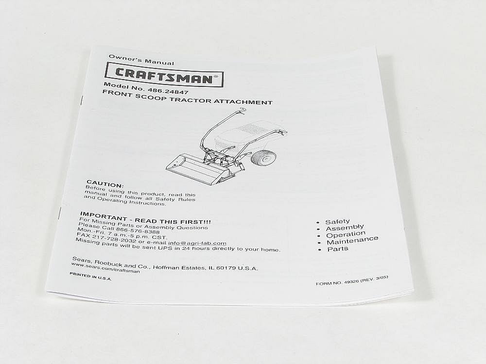 Part #49326, Craftsman Owners Manual