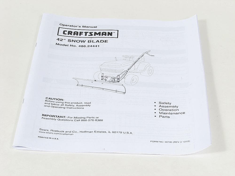 Part #49795, Craftsman Lawn Tractor Snow Blade Attachment Owners Manual